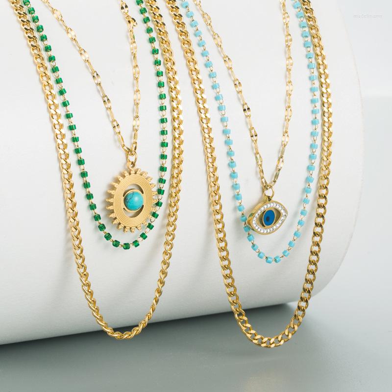 

Chains Boho Stainless Steel Green Stone Crystal Hip-Hop Multilayer Pendant Chain Necklace For Women Wedding Party Jewelry Accessorie