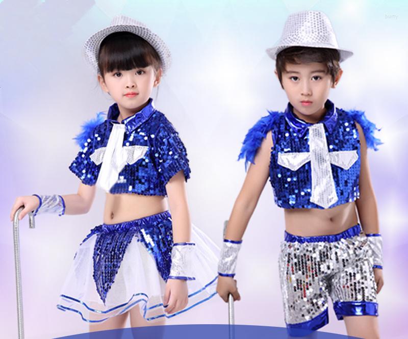 

Stage Wear Children's Jazz Dance Costumes Boy And Girl Sequins Feather Performance Blue Gold Child, Royal blue boy