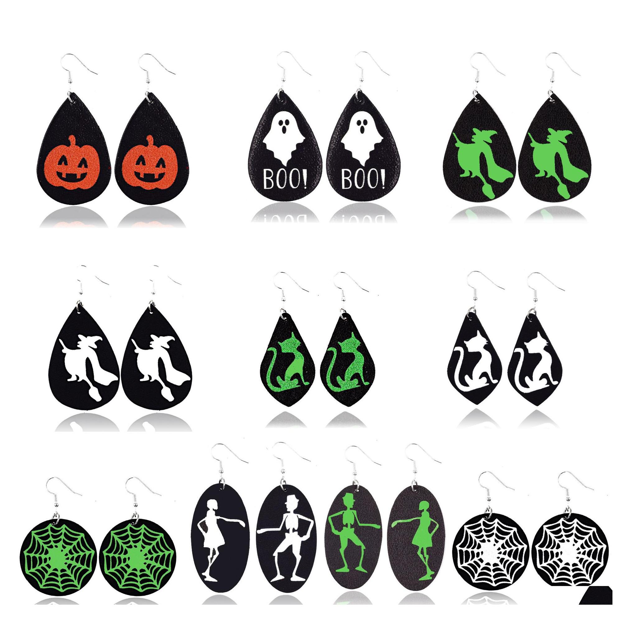 

Charm Design Halloween Leather Earrings For Women Glitter Ghost Drop Dangle Black Party Jewelry Gift Delivery Otl7U