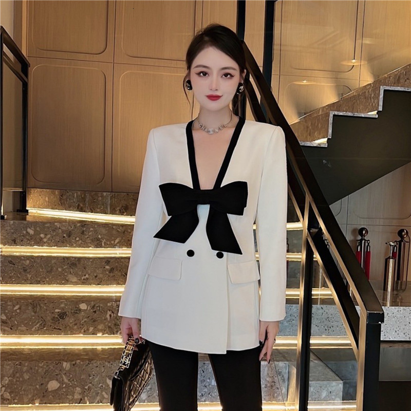 

Women' Suits Blazers Fall Winter Fashion Womens Vneck Full Sleeve Bow Spliced Double Breasted Pockets Solid Color Casual Blazer Coat 230203, Beige