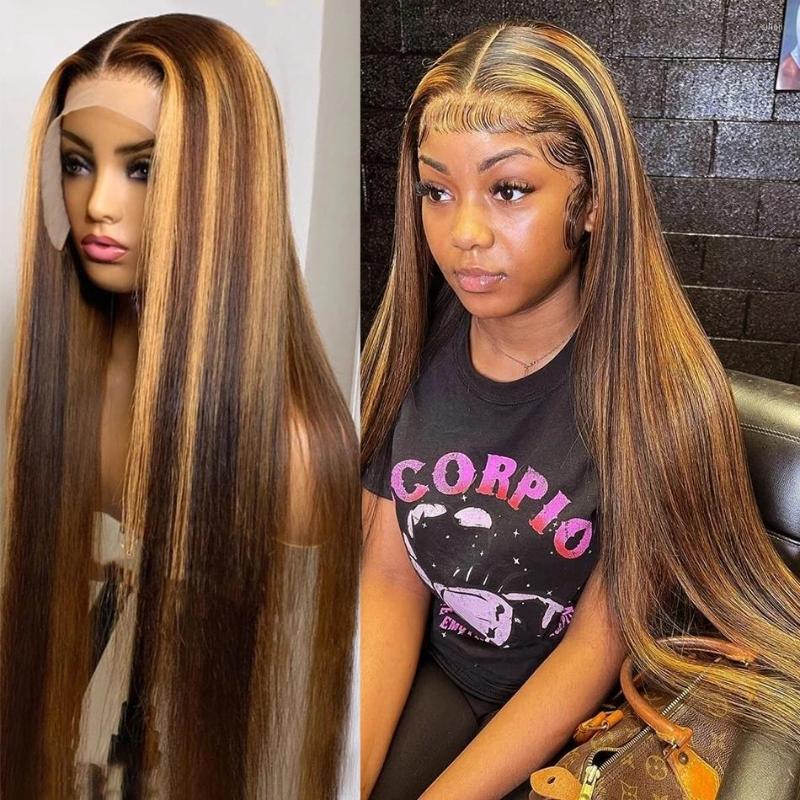 

Inch Highlight Straight 13x4 Lace Front Human Hair Wigs Brazilian Remy 4/27 Color Bone Frontal Wig For Women, 13x4 lace wig