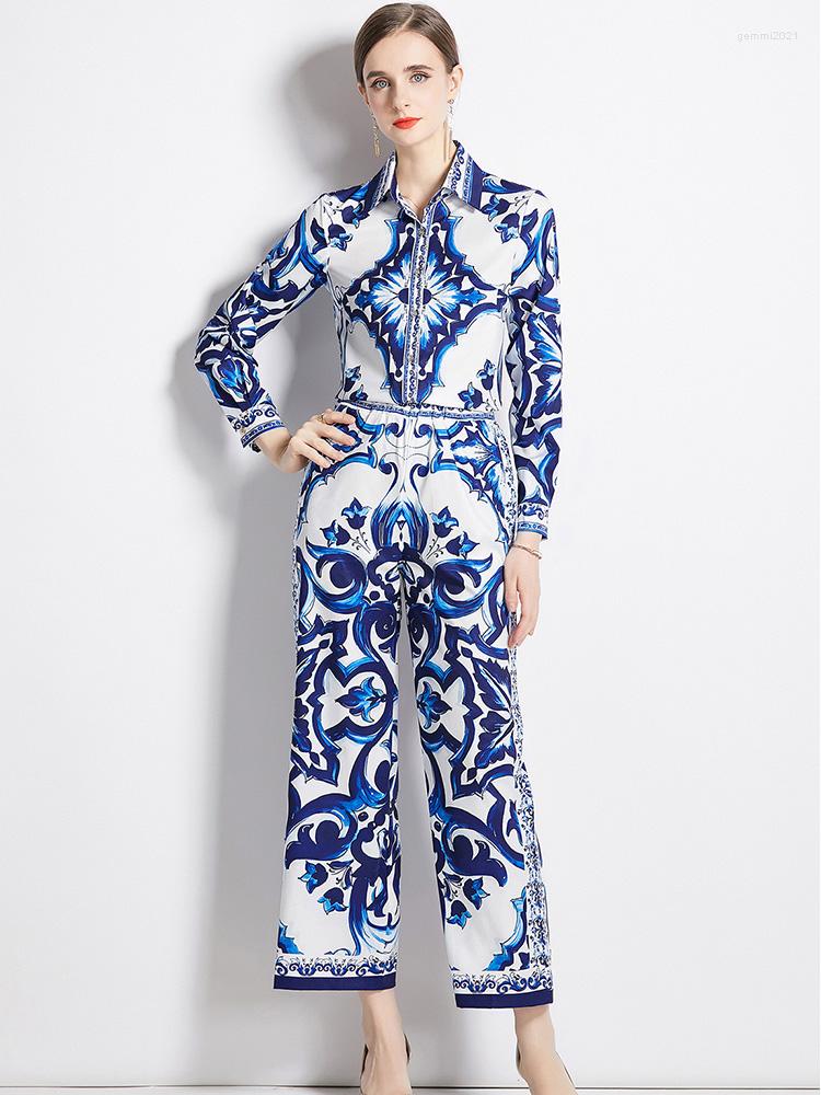 

Women's Two Piece Pants Autumn 2023 Fashion Runway 2 Set Women Elegant Blue And White Porcelain Print Shirt Trousers Suits Office Work Wear