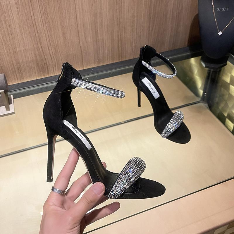 

Dress Shoes Summer Fashionable Sexy Open Toe Rhinestone One Word Sandals Slim High Heel Party Versatile Bag Suede Women, Heel height 10cm
