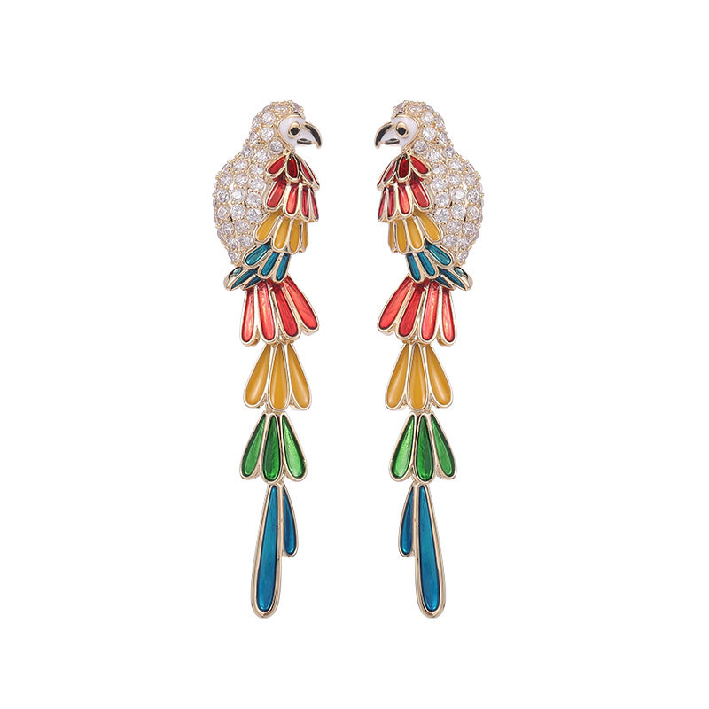 

Luxury Bohemia Zirconia Parrot Dangle Earrings For Women Colourful Bird Feathers Designer Stud Earring Drop Hanging Ear rings Female Jewellry