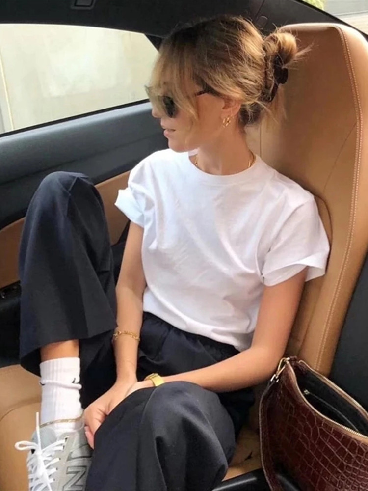 

Women's T-Shirt 100% Cotton Solid Basic T Summer Casual Loose Tee Oversized O Neck Female Tops 230202, 01 white