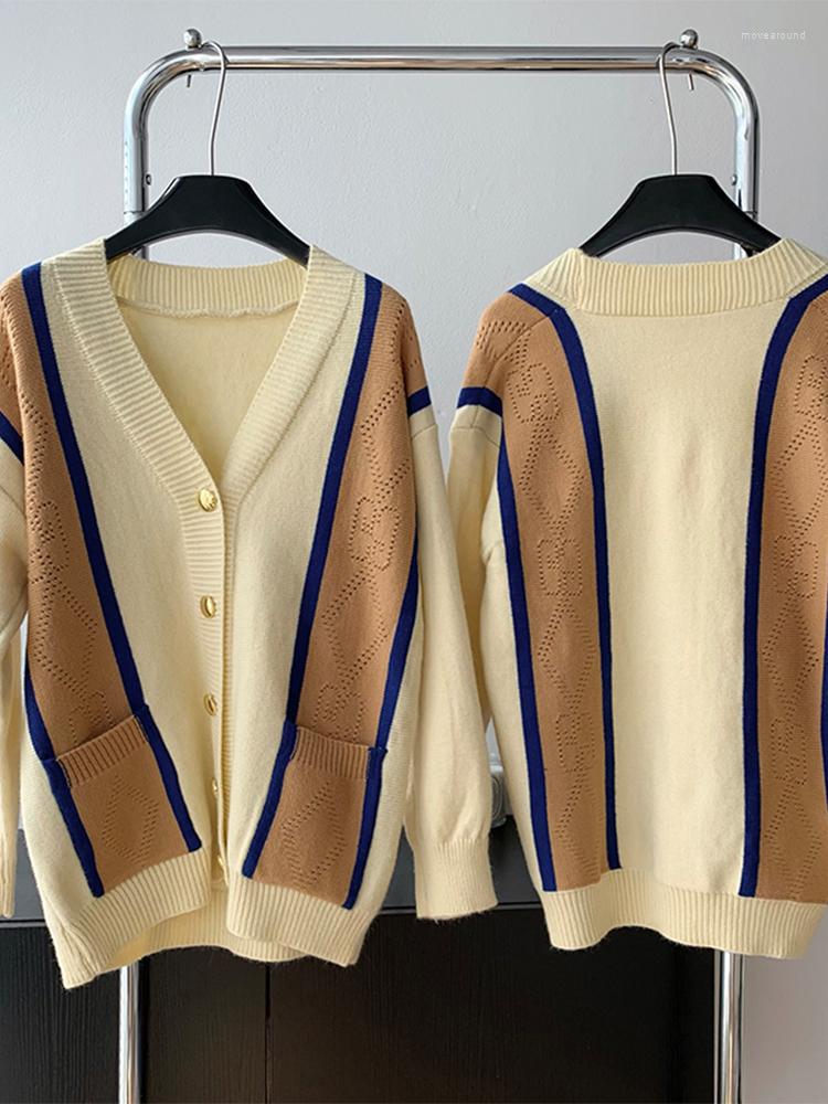 

Women's Knits Women Contrast Color Stripe Knitted Cardigan Sweater Button Vintage Sweaters Long Sleeve Fashion Autumn Oversized Jumper Top, Beige