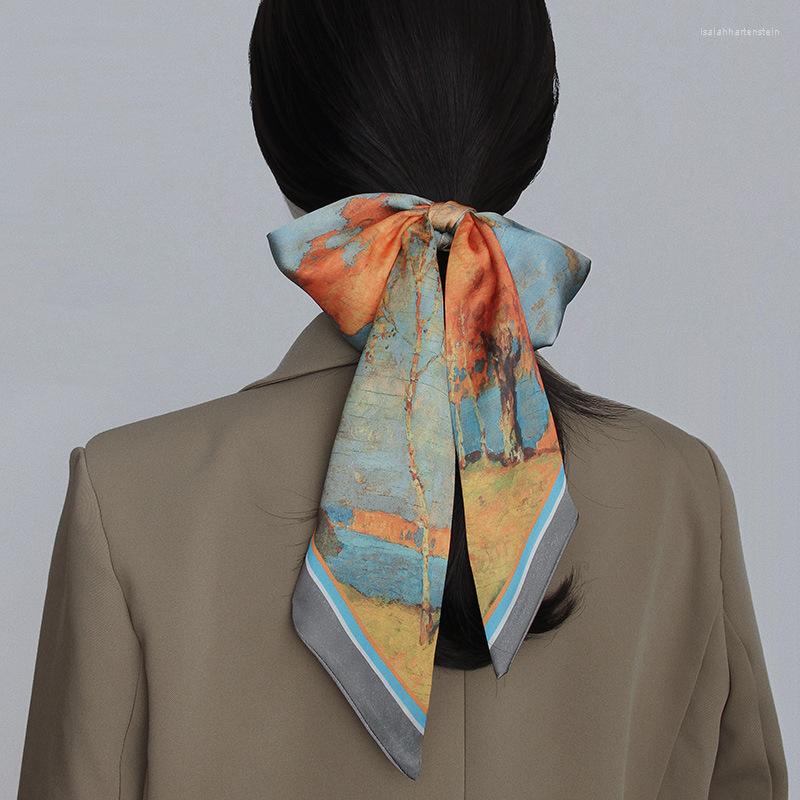 

Scarves Long Oil Painting Silk Scarf Hair Band Women's Binding Bag Ribbon Decoration