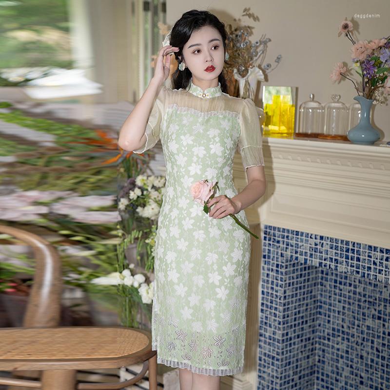 

Party Dresses Green Qipao Short-sleeved Summer Girl Everyday Chinese Wind Lace Dress Long Skirt In Temperament