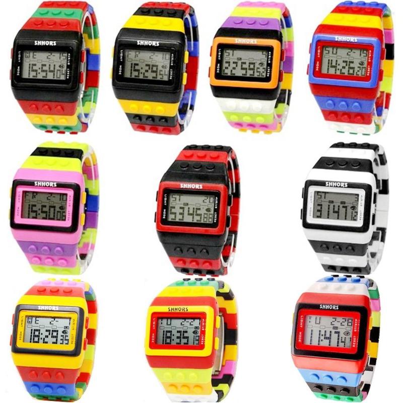 

Wristwatches 10pcs/Lot Colourful Rainbow Mens Women Plastic Digital Multi-Function Students Waterproof Alarm DIY Bracelet Gifts Watches, Mixed 10 colours