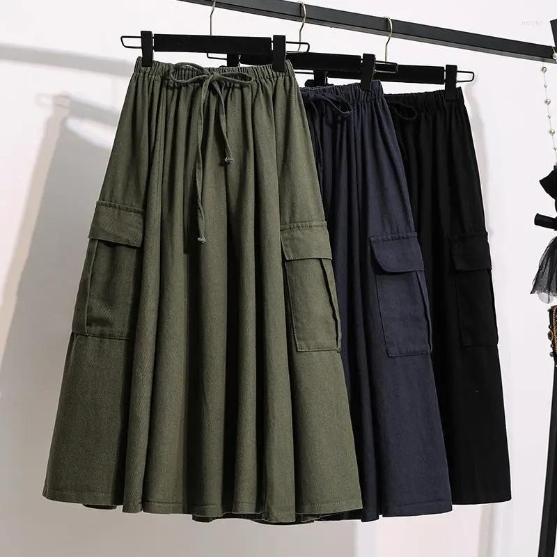 

Skirts Cotton High Waist Work Half Skirt 2023 Spring And Summer Korean Version Of Solid Color Loose Large Size Women In The Long Sk, Army green