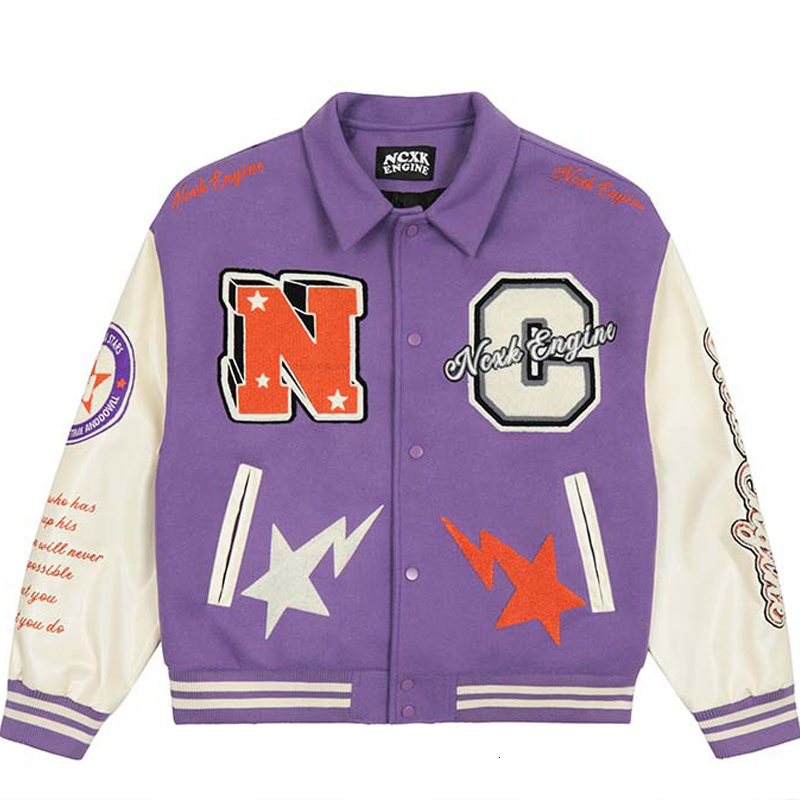 

Men's Jackets Men PU Leather Sleeve Varsity Couple High Street Letter Embroidery Color Matching Loose Casual Purple Baseball Outwear 230203