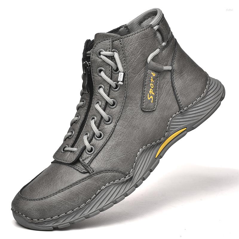

Boots Men Warm Plush Fur Leather Shoes Dress Oxfords Autumn Winter Snow Ankle Work Sneakers High Top Trainers, No fur-khaki