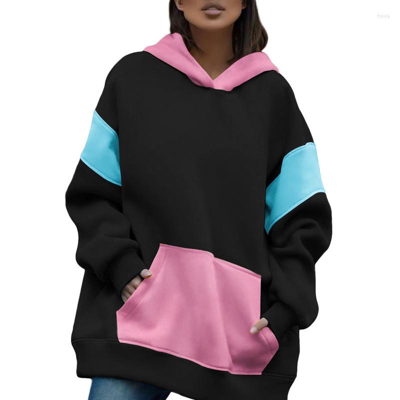 

Women' Hoodies Women Contrast Color Loose Long Sleeve Pullover Tops With Pockets Autumn Winter Overcoat Streetwear In Garments