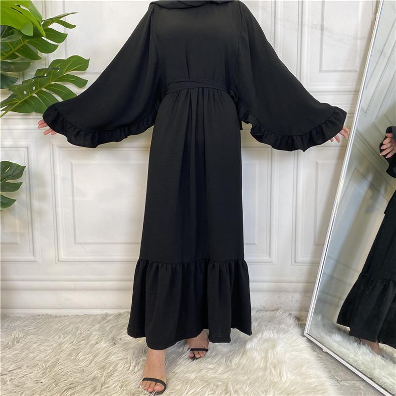 

Ethnic Clothing Women Abaya 2023 Fashion Women's Solid Color Stitching Muslim Dress Dubai Robes Belt Turkey