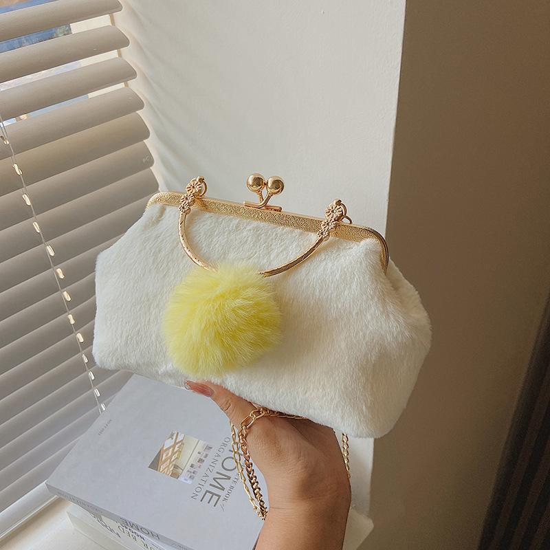 

Evening Bags 2023 Kawaii Cute One-Shoulder Plush Bag Female Fashion Hit Color Simple Chain Messenger Personalized Design Shoulder, Grey