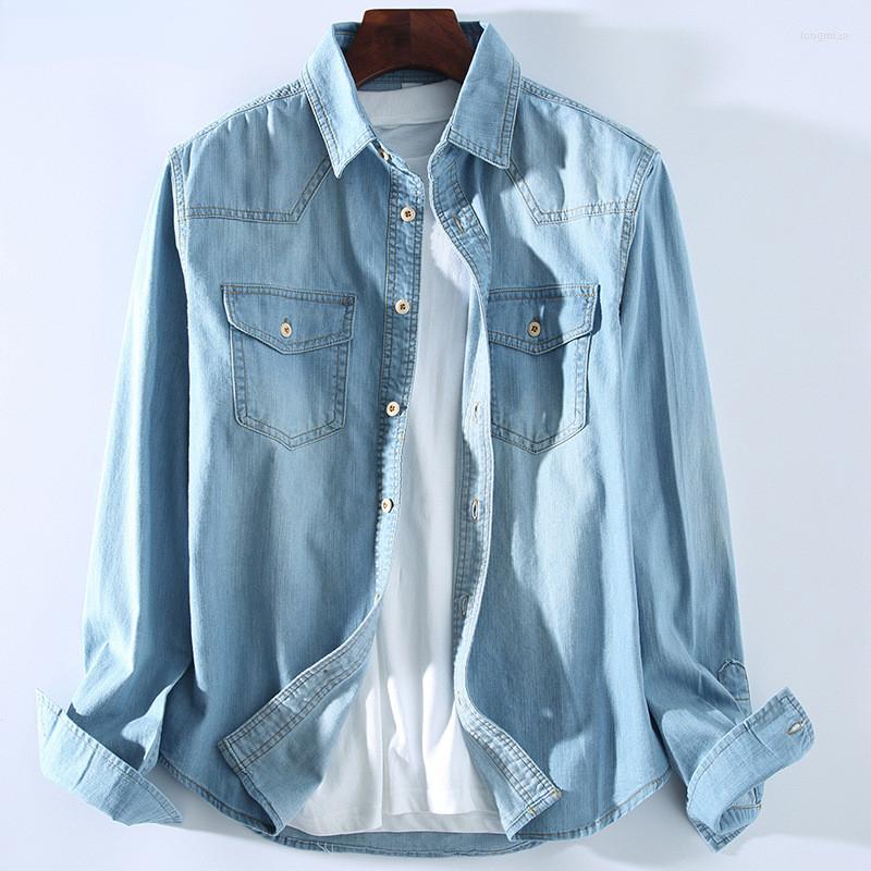 

Men's Casual Shirts Colors Men's Denim Shirt 2023 Fashion Cotton Cowboy Long-sleeved Jeans Male Brand Clothes Black Sky Blue