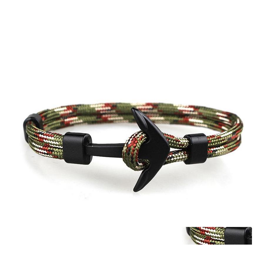

Charm Bracelets Anchor Men Black Rope Chain Paracord Bracelet Male Wrap Metal Sport Hooks Mens Drop Delivery Jewelry Dh2Gw