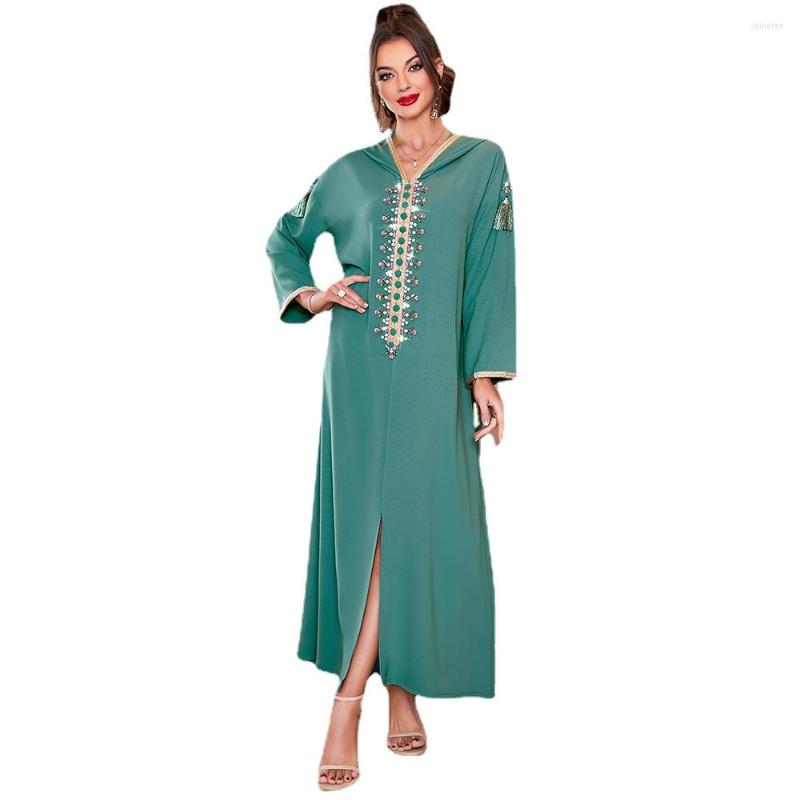 

Ethnic Clothing Muslim Dress Women Robe Femme Musulmane Bean Green Hooded Diamonds Abayas For Turkish Abaya Dubai