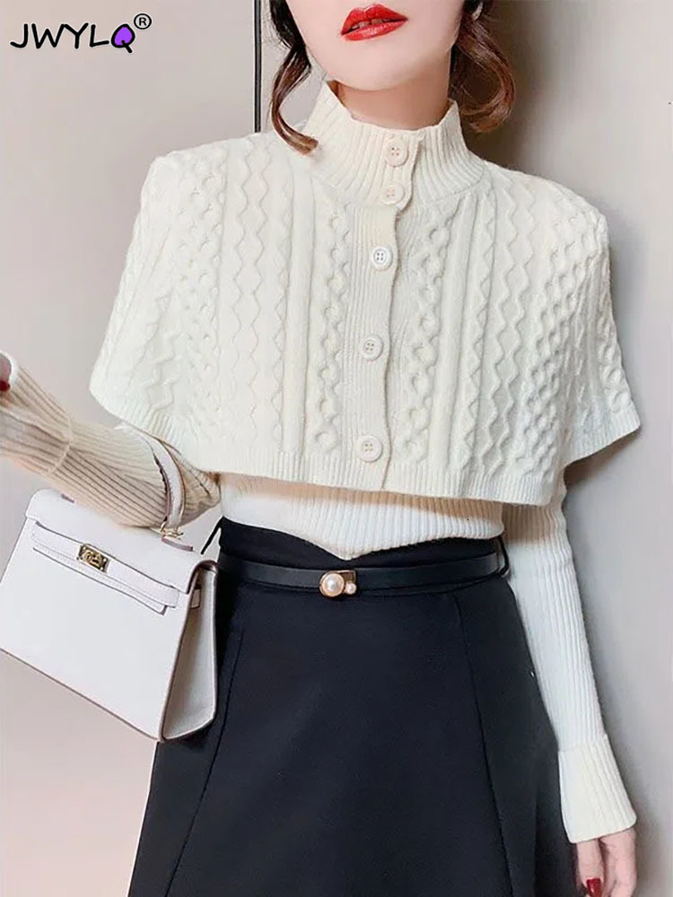 

Women's Sweaters Temperament Cape Knit Two Piece Set Women Fashion V Neck Long Sleeve Pullover Sweater Stand Collar Cardigan Shawl Suits 230203, White