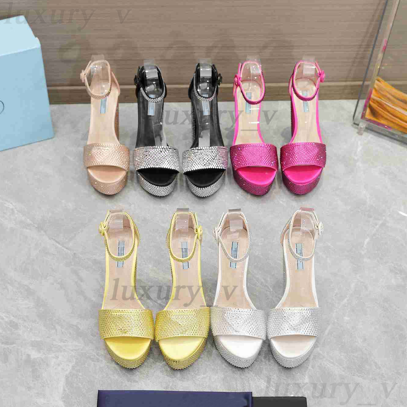 

Designer Rhinestone Sandals Luxury Women High Heeled Dress Shoes Platform Heel Classic Buckle Embellished Ankle Strap Pumps With box, Color 3