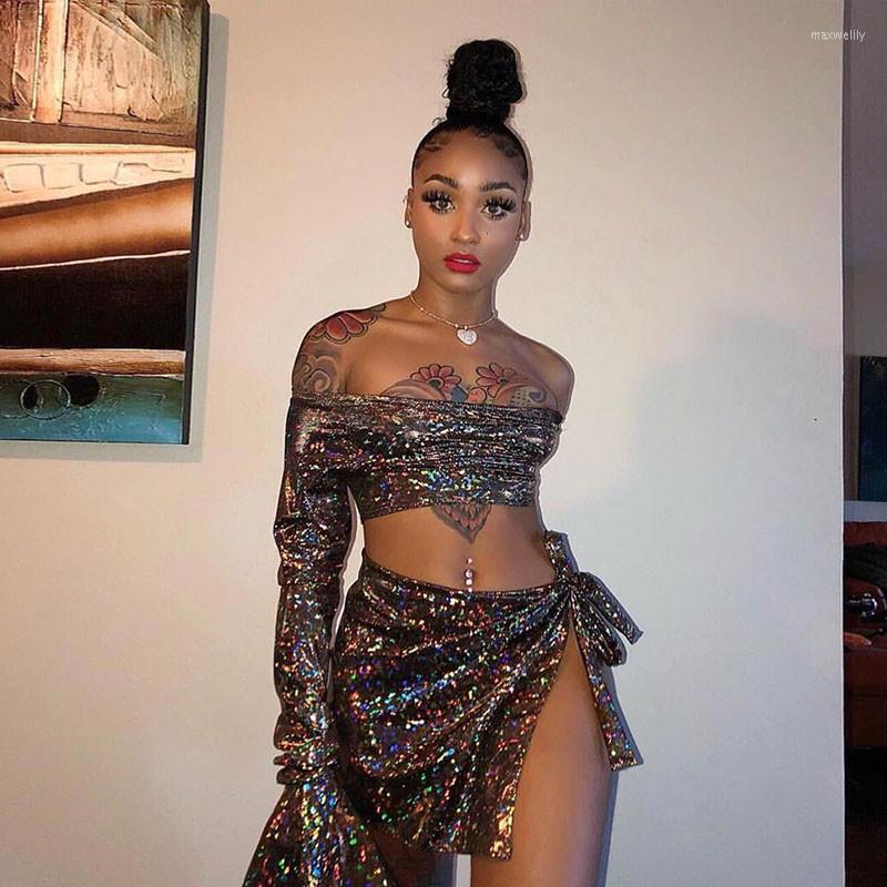 

Work Dresses Sexy Party Club Outfits Set Shiny Holographic Strapless Crop Top Bow Tie Dress 2 Two Piece Sets Long Flare Sleeve Mini, As photo