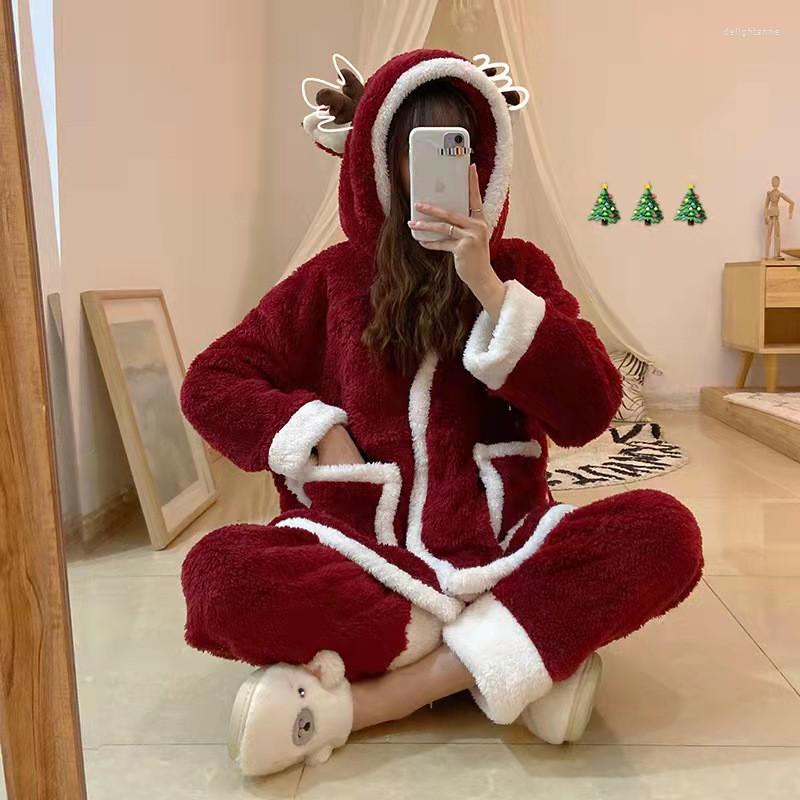 

Women's Down Autumn And Winter Korean Christmas Nightgown Set Hairy Coral Cashmere Home Dress Women, Black