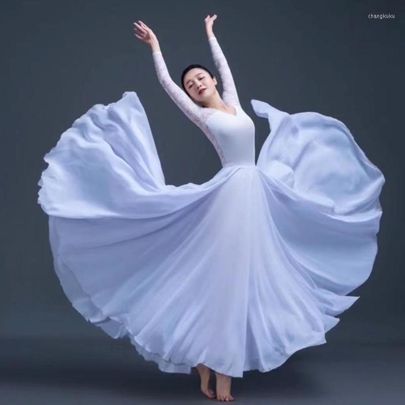 

Stage Wear Classical Dance Chiffon One-piece Lace Skirt Belly Practice Half-length Costumes 720 Degree Big Swing, Red 360d
