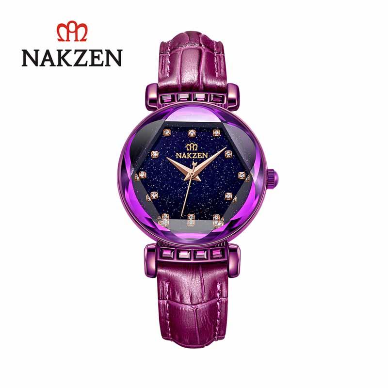 

Wristwatches NAKZEN Leather Women Watches Life Waterproof Diamond Wrist Watch Fashion Clock Luxury Quartz Montre Femme Gifts For Womens Relo, Purple
