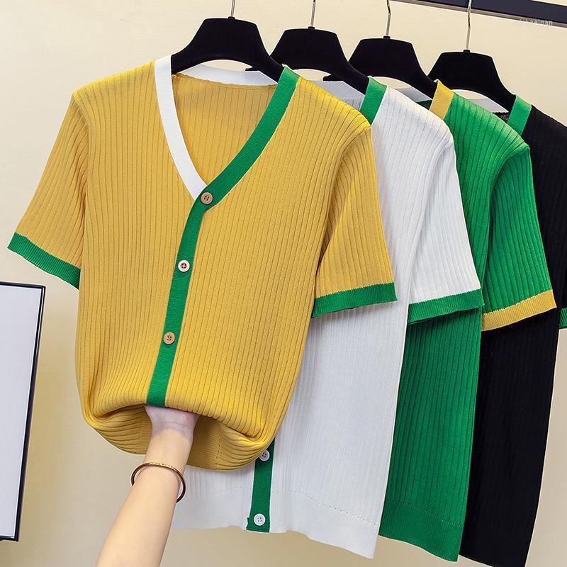 

Women's Knits & Tees Summer Women Sweater Cardigan V-Neck Tops Knitted Casual Stitching Color Single Breasted Mich22, Black