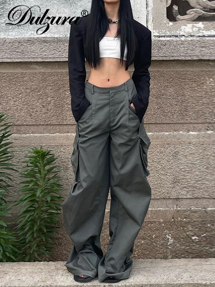 

Women' Pants Dulzura Autumn Women Pocket Casual Y2K Clothes High Waist Long Cargo Vintage Korean Fashion Vacation Streetwear Trousers, Gray