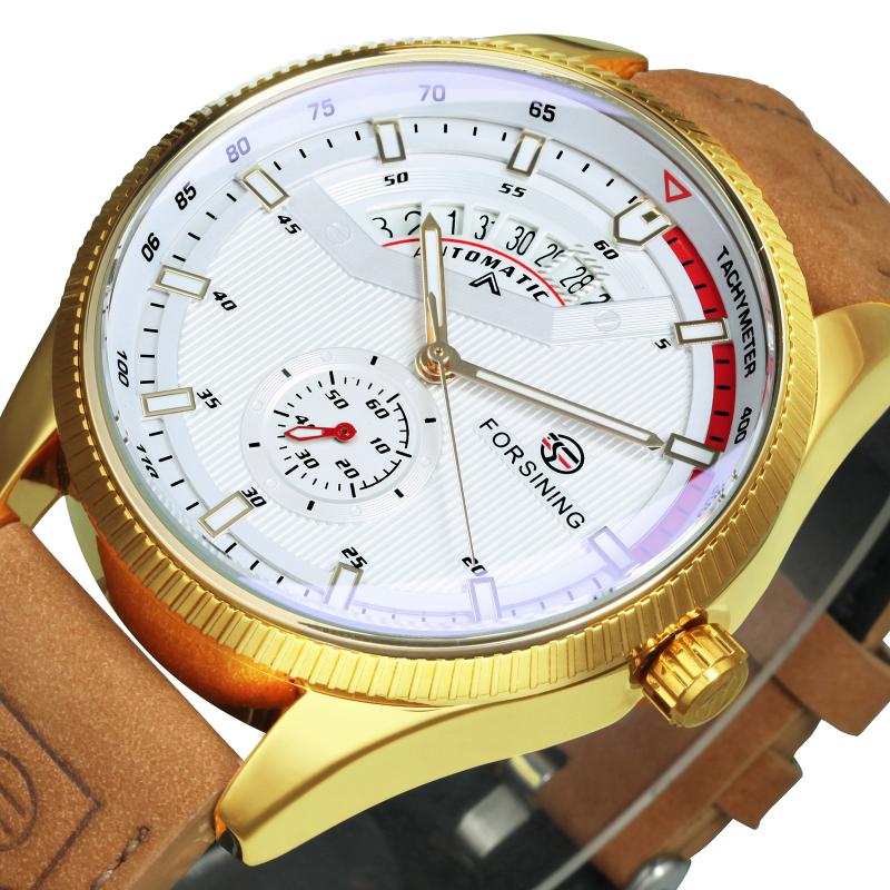 

Wristwatches FORSINING Military Automatic Mechanical Watch For Men Original Waterproof 22mm Leather Strap Man Relogio Masculino, Golden-white