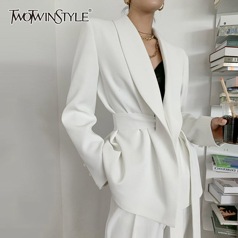

Womens Suits Blazers TWOTWINSTYLE Elegant White Blazer For Women Notched Long Sleeve Tunic Sashes Solid Minimalist Female Fashion Spring 230202