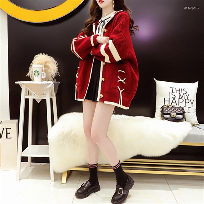 

Women's Knits & Tees Hooded Patchwork Knitted Sweater Women Loose Beige Burgundy Cardigan Spring Korean Big Pocket Long Sleeve Knitting Jack