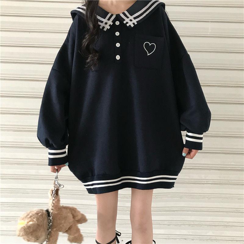 

Women' Hoodies & Sweatshirts HOUZHOU Kawaii Sailor Collar Women Winter Japanese Sweet Heart Embroidery Pocket Sweatshirt Harajuku Preppy St, Black