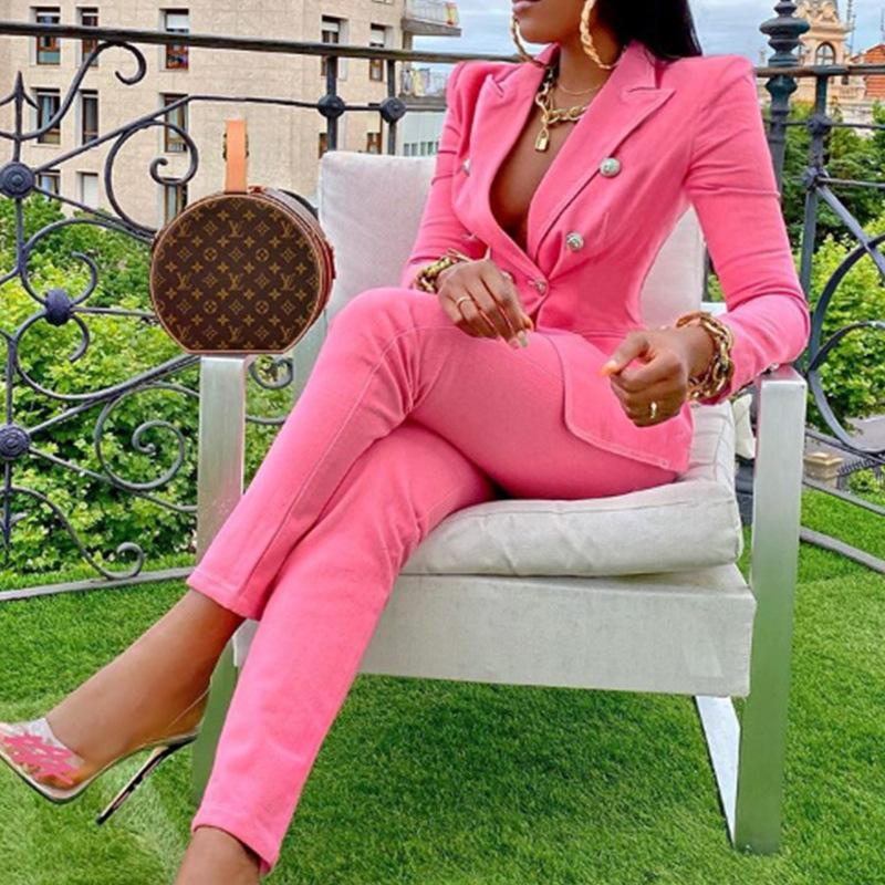 

Women' Two Piece Pants Autumn Winter Fashion Women Sets Casual Blazer Straight Suits Elegant Office Lady Solid Button Outfits Pink