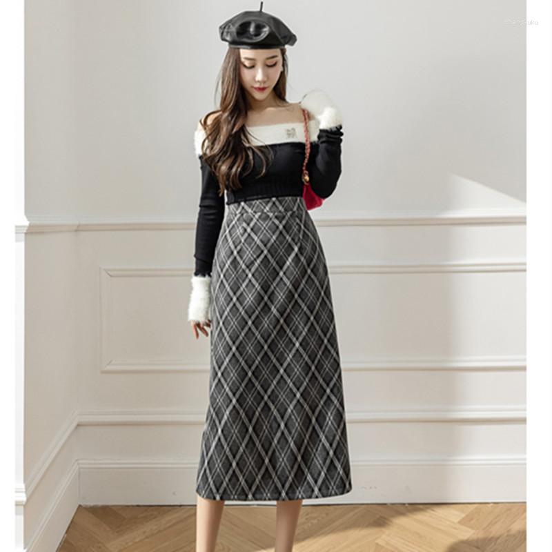 

Skirts 2023 Autumn And Winter Skirt High Waist Temperament Grid Self Cultivation Grey Coffee Color, Gray