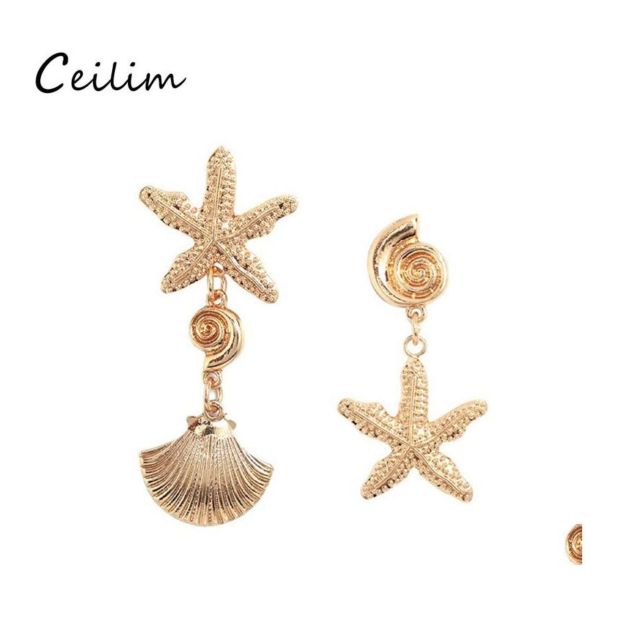 

Dangle Chandelier Bohemian Asymmetry Shell Drop Earrings For Women Party Statement Starfish Gold Color Metal Summer Bride Jewelry D Otgop