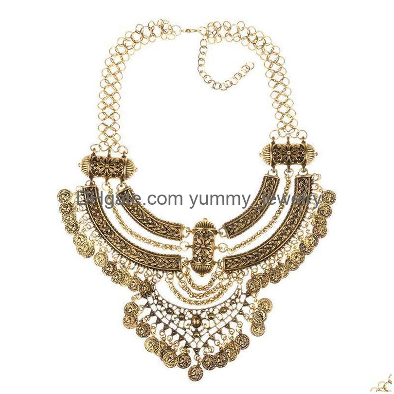 

Chokers Boho Big Choker Necklace Inlaid Carving Jewelry Vintage Necklaces Metal Chain Coin Pendant Statement Necklaces1 For Women Gi Dhfm6