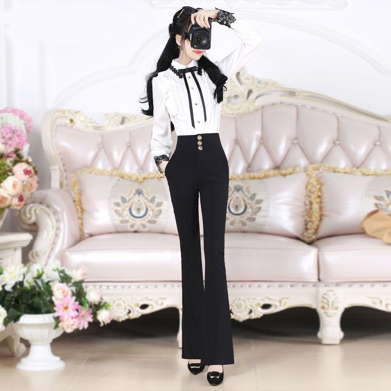 

Women' Two Piece Pants Women Spring Autumn Fashion Office Ladies Single Breasted Shirt And Suit Female Solid Korean Bow Pieces Sets Q46Wome, Black