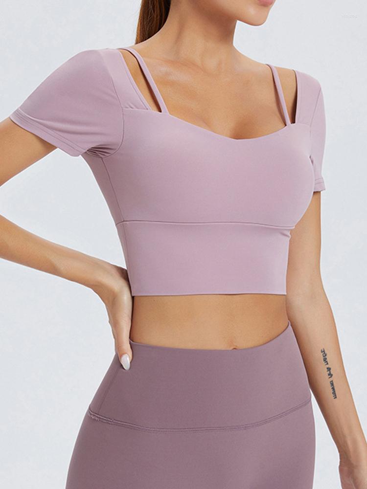 

Active Shirts CHRLEISURE Square Collar Sports Crop Top Short Sleeve Yoga Shirt Naked Feeling Workout Blouse Stretchy Breathable Fitness Tee, Ice blue