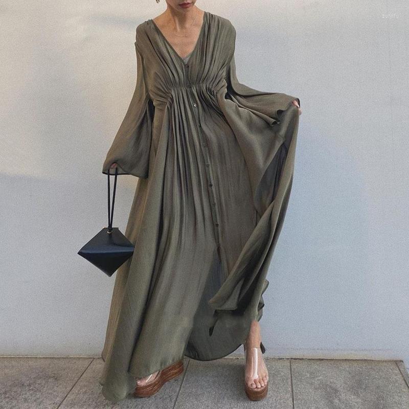 

Casual Dresses Women Long Sleeve Korean Dress 2023 Autumn Summer V Neck A-Line High Waist Pleated Maxi Office Ladies Robe, Photo color