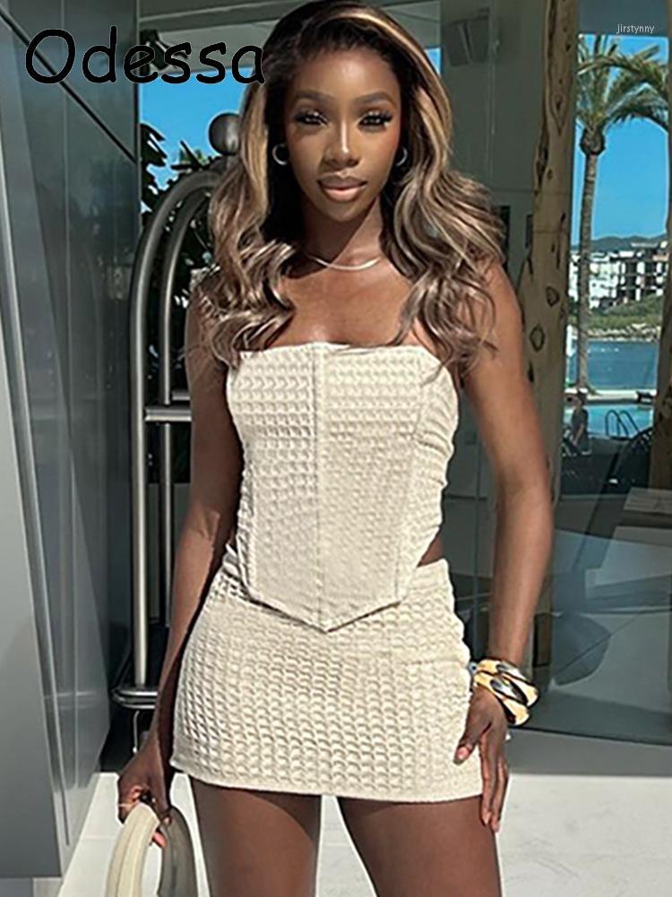 

Work Dresses Odessa Summer Skirts Two Piece Set Women Sexy Off Shoulder Backless Crop Tube Tops And Low Waist Skirt Suits Fashion Outfits, Apricot