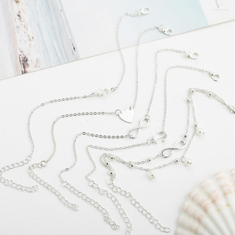 

Anklets Vintage 5Pcs Set Heart Anchor Head Artificial Pearl Alloy Anklet For Women 2023 Foot Beach Jewelry