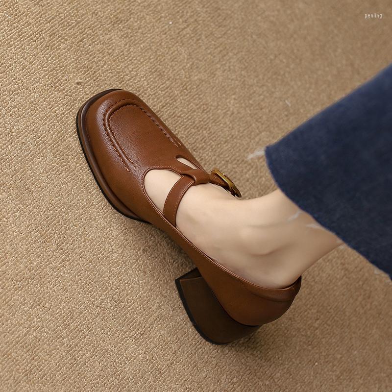 

Dress Shoes EOEODOIT Women Mid Heels Pumps Retro Rome Style T - Buckle Leather Spring Autumn Fashion Block Heel, Brown