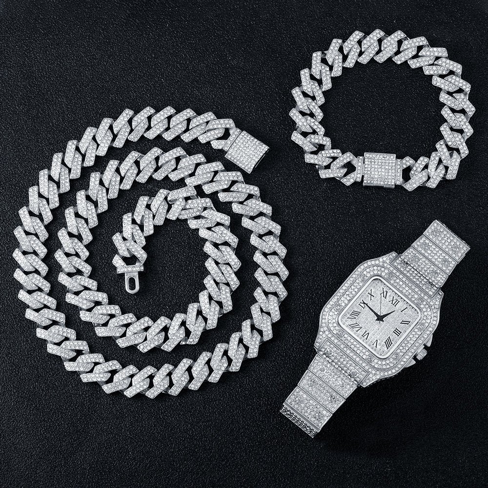 

Bracelet Necklace WatchBracelet Hip Hop Cuban Chain Silver Color Full Iced Out Paved Men Jewelry Set 230202, Silver necklace
