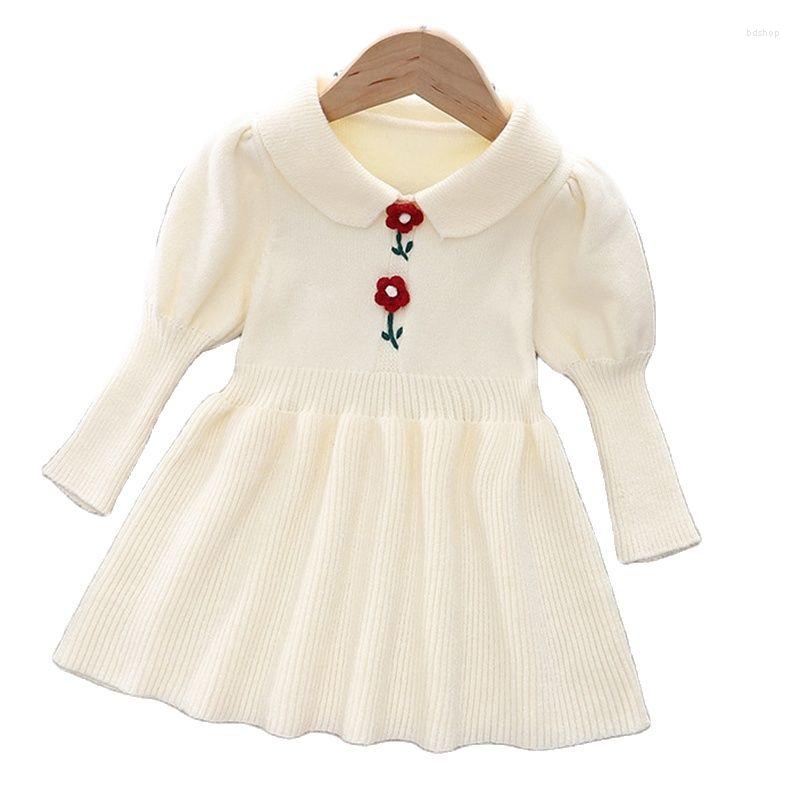 

Girl Dresses Autumn Winter Long Sleeve Knitted Sweater Dress For Floral Decoration Party Children Clothes Baby, Bn2670 white