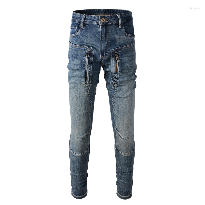 

Men's Jeans Street Fashion Men Retro Blue Elastic Slim Fit Biker Spliced Designer Hip Hop Denim Punk Pants Skinny Trousers