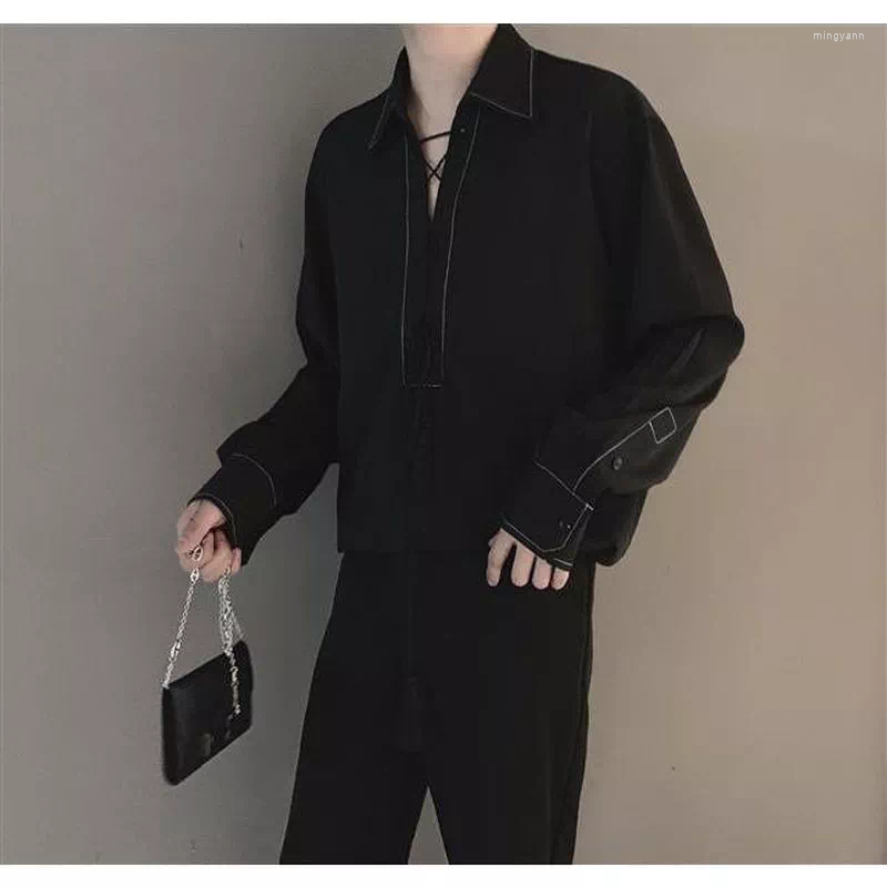 

Men's Casual Shirts Dark Goth Shirt Men's Hong Kong Style Open Line Flow Ear Tie Rope Pullover Trendy Aesthetic Elegant Women Street, Black