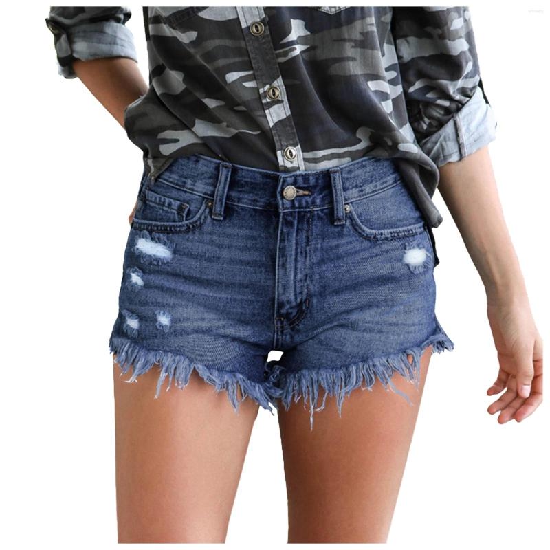 

Women's Shorts Women's Stretchy Denim High-Waist Frayed Ripped With Pockets Pants