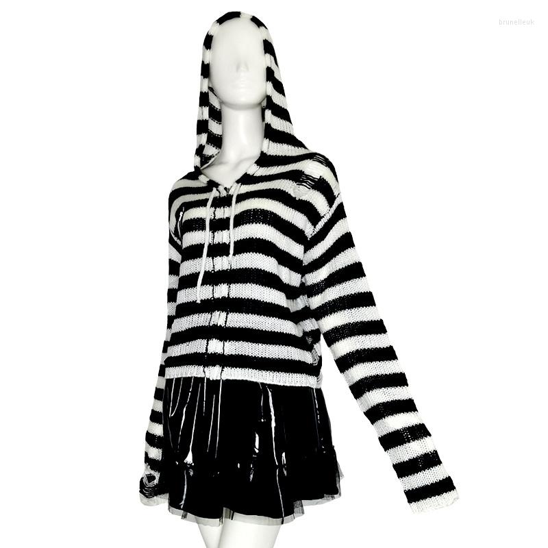 

Women's Knits Vintage Women Sweater Harajuku Gothic Girl Skull Striped Knitted Punk Rock Zipper Loose Hooded Short Cardigan Streetwear